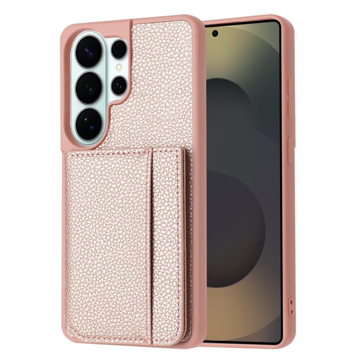 

For Samsung Galaxy S23 Ultra 5G Litchi Pattern Magnetic Card Bag Holder Phone Case(Rose Gold)