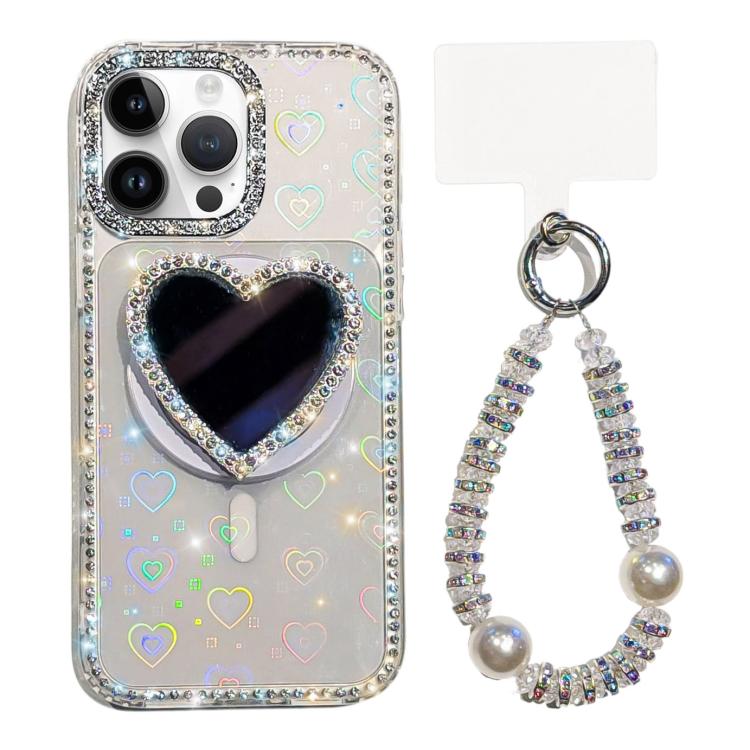 

For iPhone 16 Pro Max Sparkling IMD Heart-Shaped Mirror Magnetic Phone Case with Bracelet(Love Transparent)