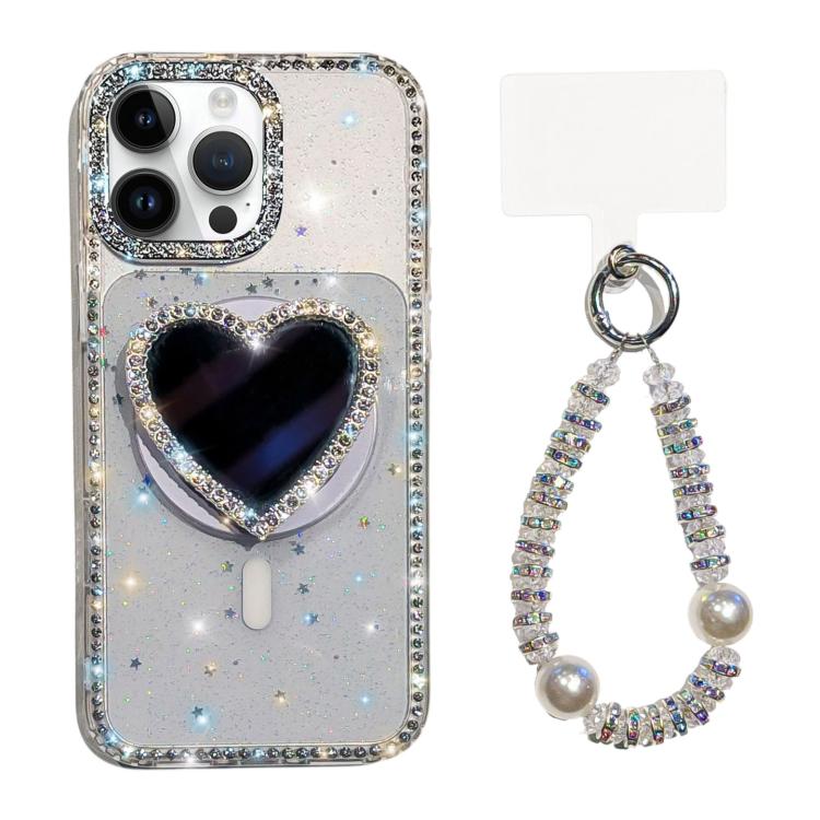 

For iPhone 16 Pro Max Sparkling IMD Heart-Shaped Mirror Magnetic Phone Case with Bracelet(Glitter Star)