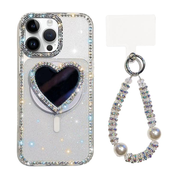 

For iPhone 16 Pro Sparkling IMD Heart-Shaped Mirror Magnetic Phone Case with Bracelet(Glitter Transparent)