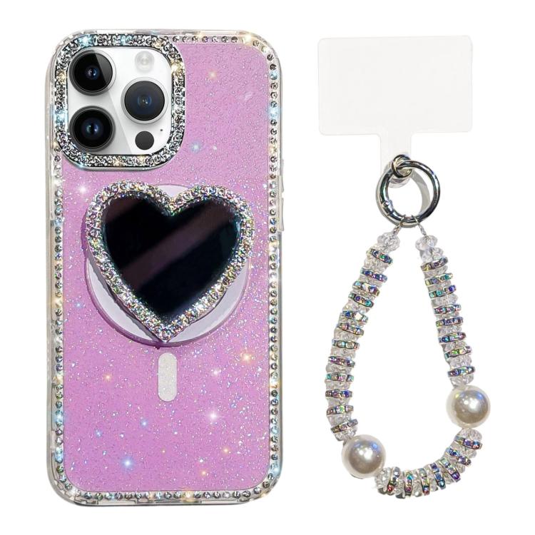 

For iPhone 16 Pro Sparkling IMD Heart-Shaped Mirror Magnetic Phone Case with Bracelet(Glitter Light Purple)