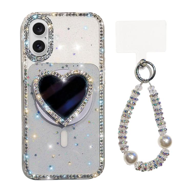 

For iPhone 16 Sparkling IMD Heart-Shaped Mirror Magnetic Phone Case with Bracelet(Glitter Star)