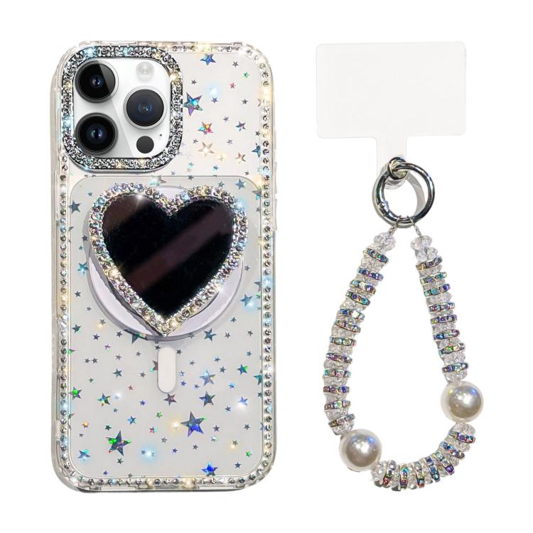

For iPhone 15 Pro Sparkling IMD Heart-Shaped Mirror Magnetic Phone Case with Bracelet(Star Transparent)