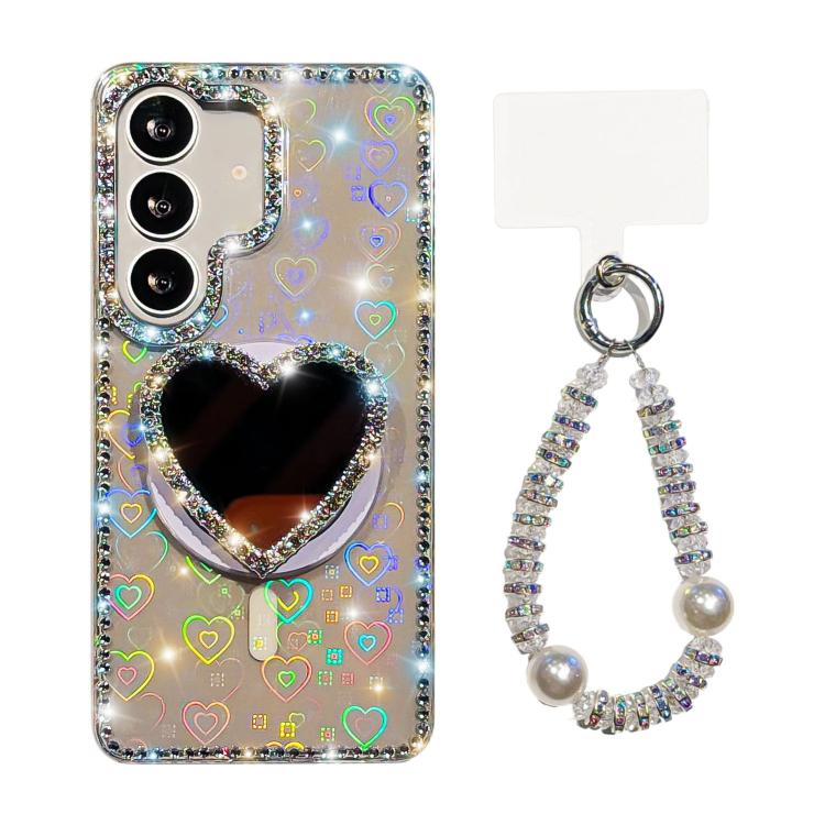 

For Samsung Galaxy S24 FE 5G Sparkling IMD Heart-Shaped Mirror Magnetic Phone Case with Bracelet(Love Transparent)