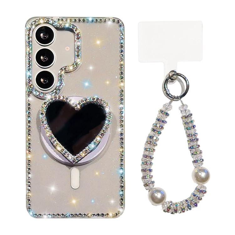 

For Samsung Galaxy S24+ 5G Sparkling IMD Heart-Shaped Mirror Magnetic Phone Case with Bracelet(Glitter Transparent)