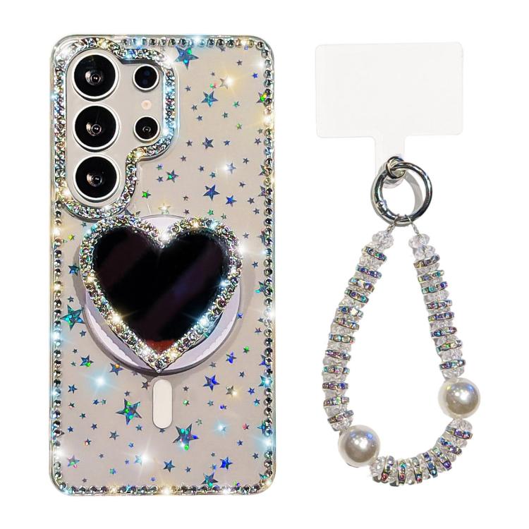 

For Samsung Galaxy S24 Ultra 5G Sparkling IMD Heart-Shaped Mirror Magnetic Phone Case with Bracelet(Star Transparent)