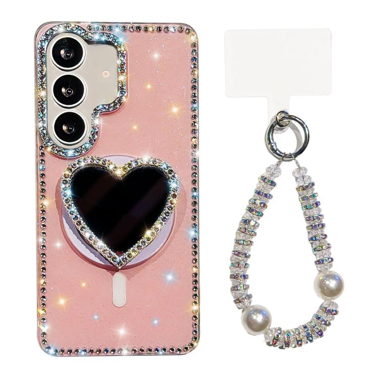 

For Samsung Galaxy S25 5G Sparkling IMD Heart-Shaped Mirror Magnetic Phone Case with Bracelet(Glitter Light Pink)