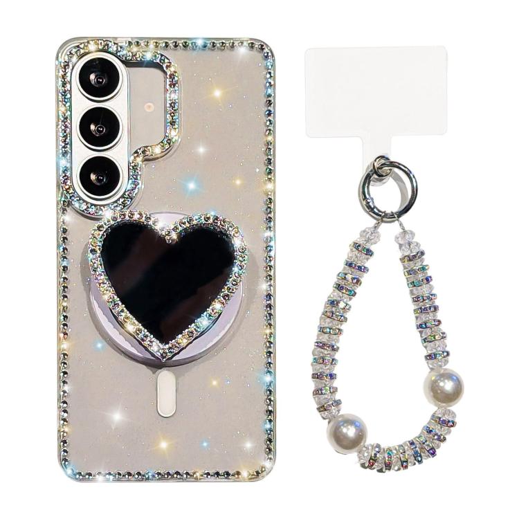 

For Samsung Galaxy S26+ 5G Sparkling IMD Heart-Shaped Mirror Magnetic Phone Case with Bracelet(Glitter Transparent)