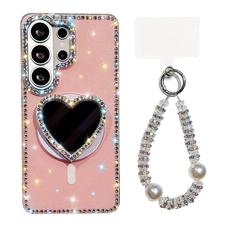 

For Samsung Galaxy S26 Ultra 5G Sparkling IMD Heart-Shaped Mirror Magnetic Phone Case with Bracelet(Glitter Light Pink)