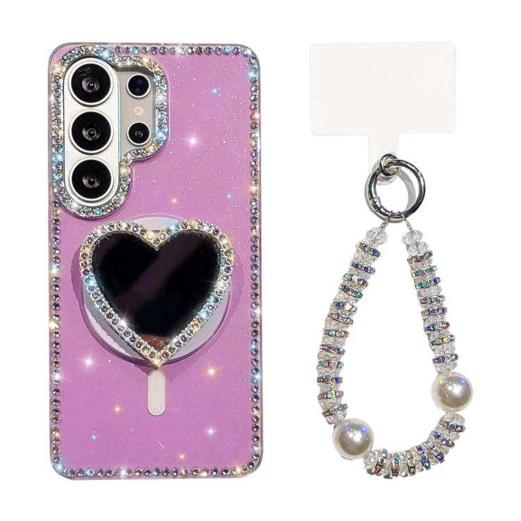

For Samsung Galaxy S26 Ultra 5G Sparkling IMD Heart-Shaped Mirror Magnetic Phone Case with Bracelet(Glitter Light Purple)