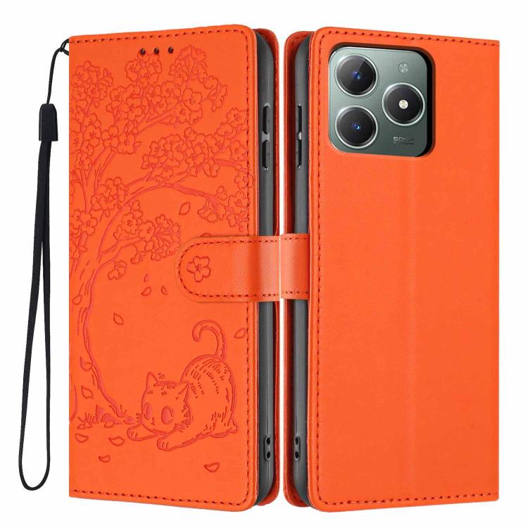 

For Realme C61 / C63 Tree Cat Embossed Flip Vegan Leather Phone Case(Orange)