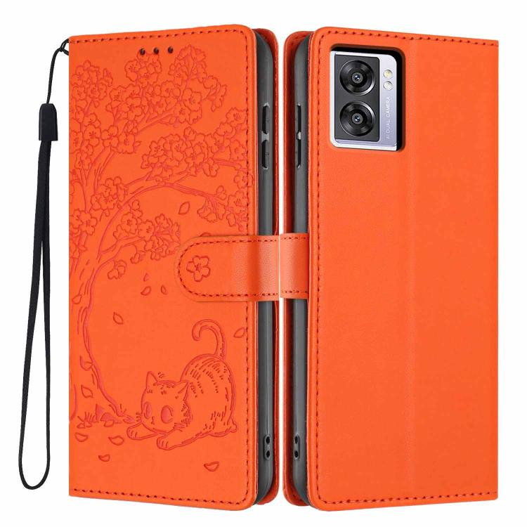 

For OPPO A57 4G / A77 4G Global Tree Cat Embossed Flip Vegan Leather Phone Case(Orange)