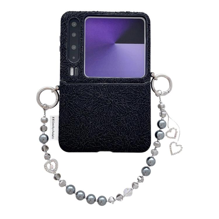 

For Huawei Pura X Dual Side Metal Hooks Lace Embossed Phone Case with Wrist Strap(Black)