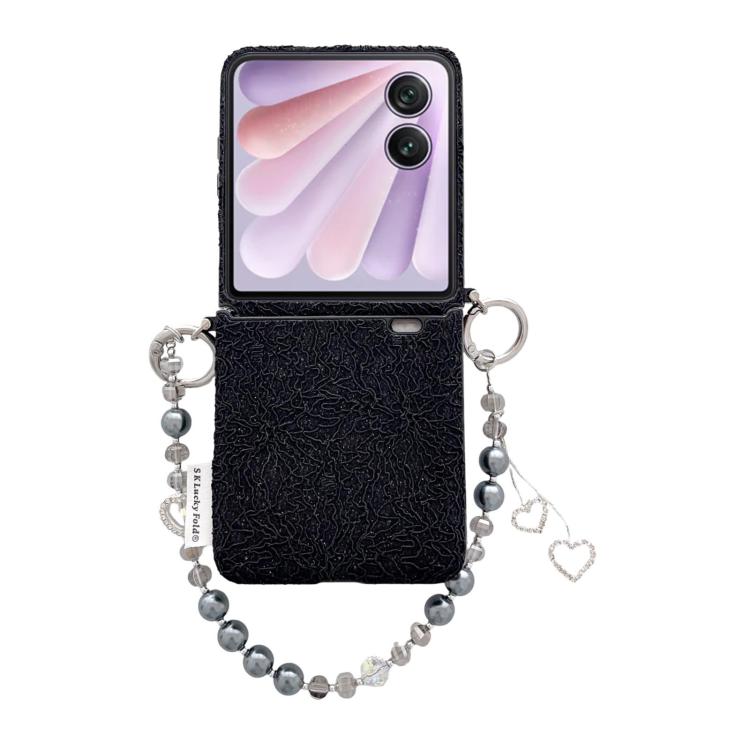 

For Honor Magic V Flip 2 Dual Side Metal Hooks Lace Embossed Phone Case with Wrist Strap(Black)