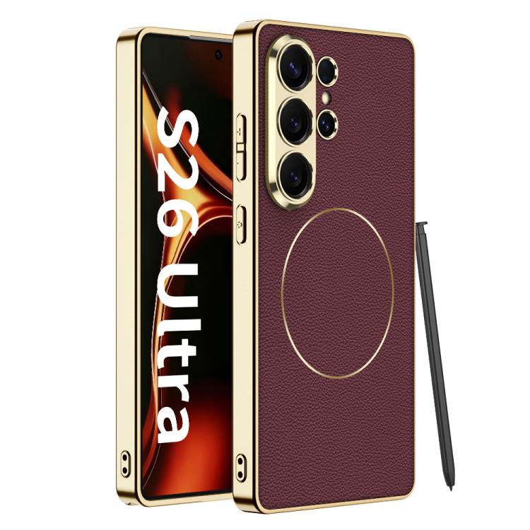 

For Samsung Galaxy S26 Ultra 5G GKK Electroplated Leather Magnetic Nickel Ring Phone Case(Wine Red)