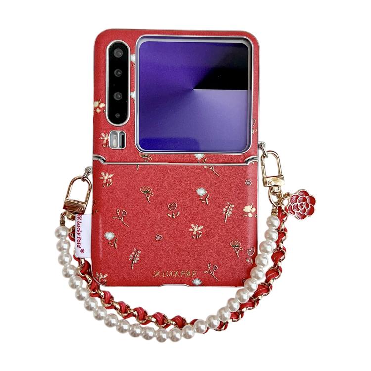 

For Huawei Pura X Silver Frame Gilded Mini Floral Pattern Phone Case with Wrist Strap(Red)