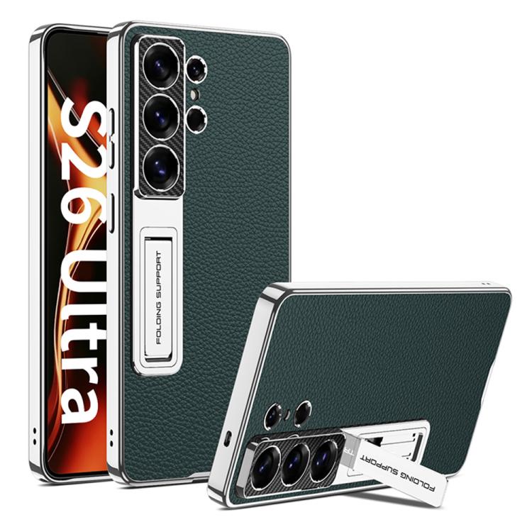 

For Samsung Galaxy S26 Ultra 5G GKK Electroplated Leather Holder Phone Case(Forest Green)