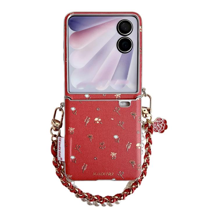 

For Honor Magic V Flip 2 Silver Frame Gilded Mini Floral Pattern Phone Case with Wrist Strap(Red)