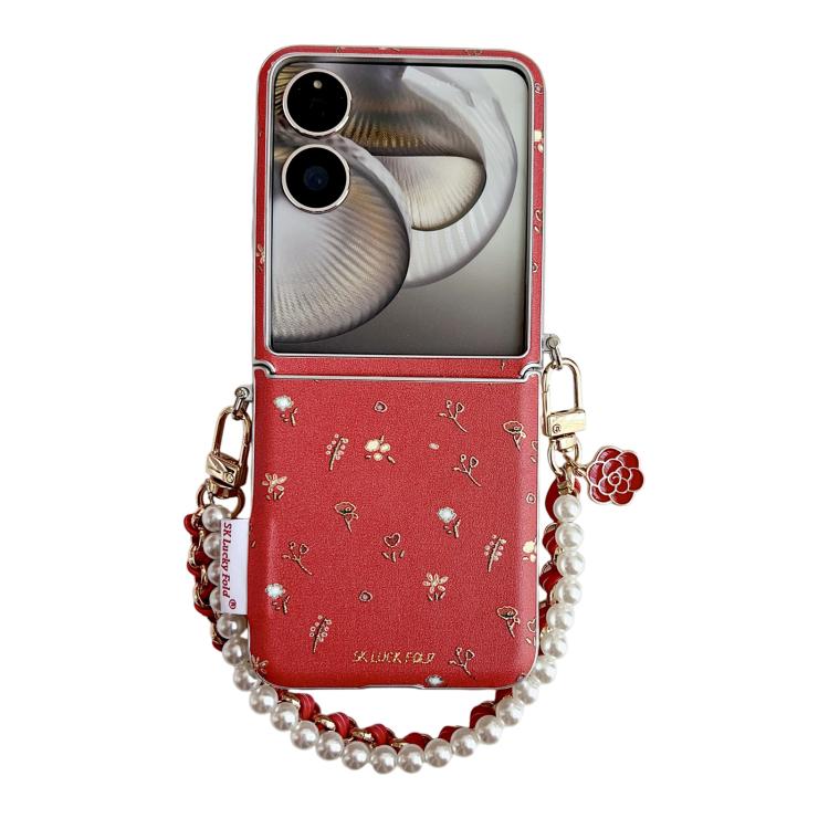

For Xiaomi Mix Flip 2 Silver Frame Gilded Mini Floral Pattern Phone Case with Wrist Strap(Red)