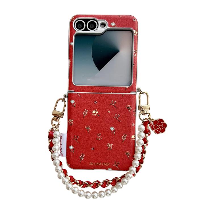 

For Samsung Galaxy Z Flip6/7 FE Silver Frame Gilded Mini Floral Pattern Phone Case with Wrist Strap(Red)
