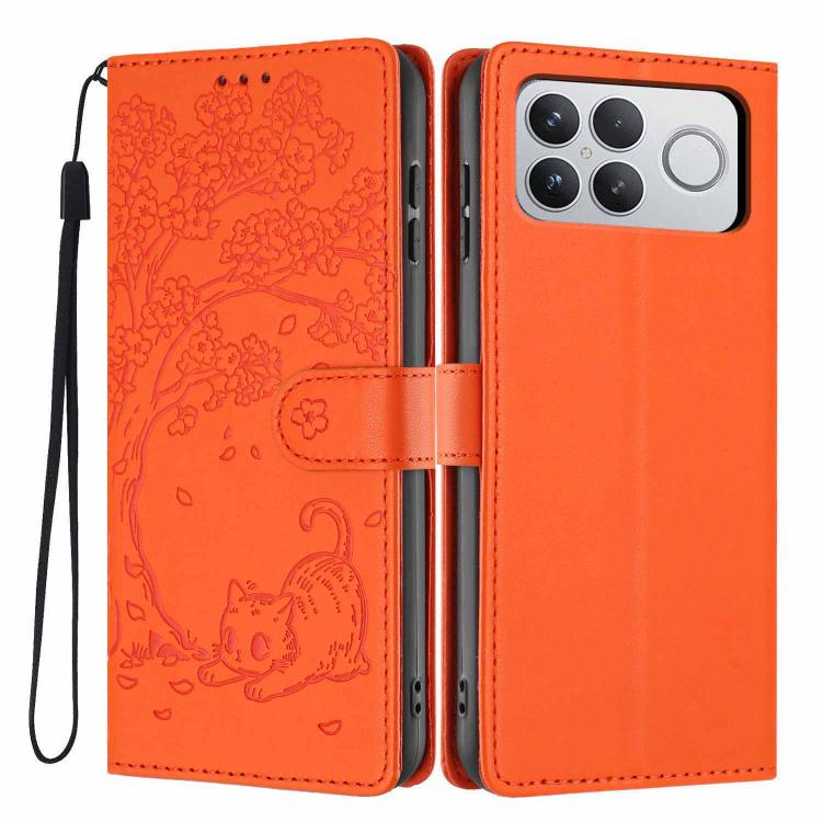 

For Xiaomi Poco F8 Ultra 5G Tree Cat Embossed Flip Vegan Leather Phone Case(Orange)