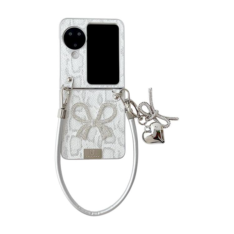 

For OPPO Find N3 Flip Scale Texture Bow Phone Case with Wrist Strap / Nameplate(Silver Big Butterfly)