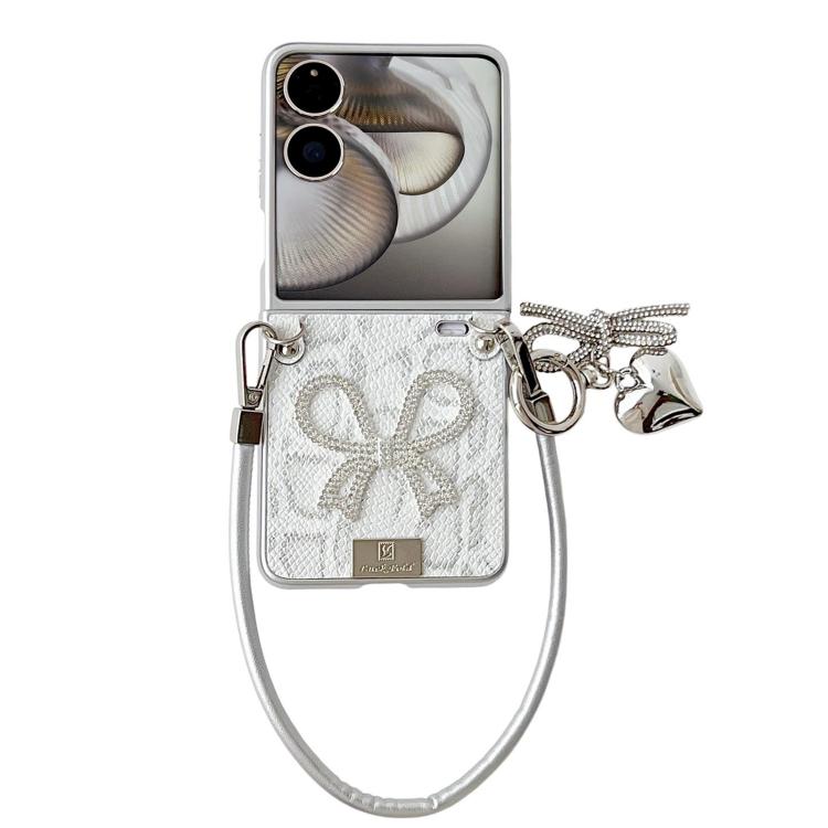 

For Xiaomi Mix Flip 2 Scale Texture Bow Phone Case with Wrist Strap / Nameplate(Silver Big Butterfly)