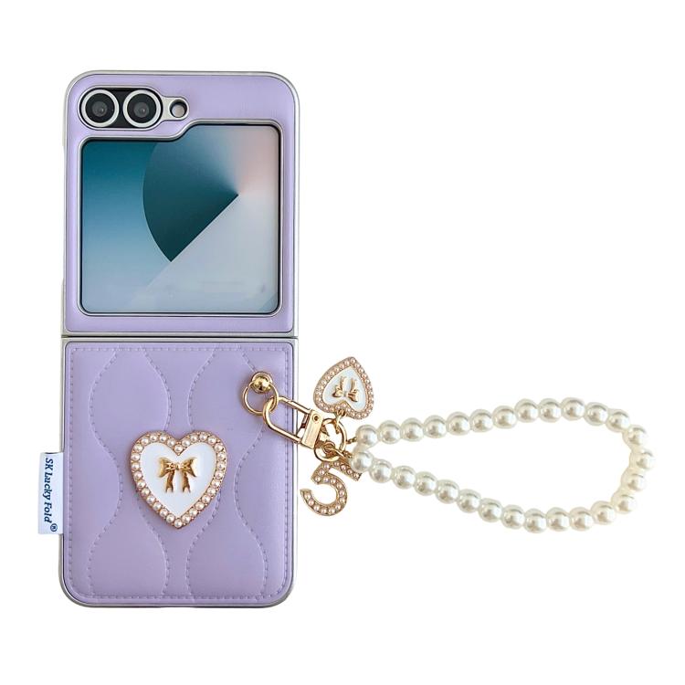 

For Samsung Galaxy Z Flip5 Puffer Jacket Texture 3D Heart Phone Case with Wrist Strap(Purple)