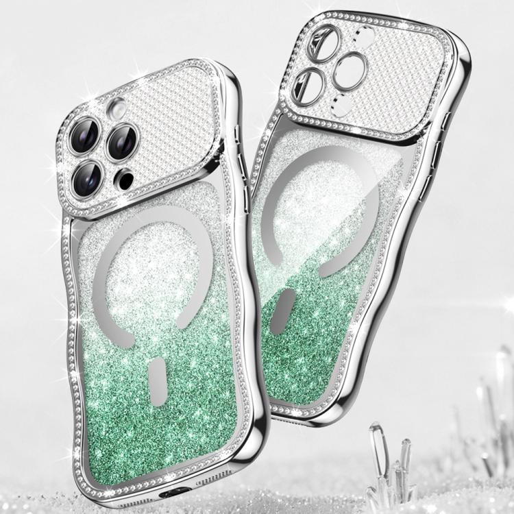

For iPhone 16 Pro Max Wavy Frame Star Diamond Electroplate TPU Glitter Magnetic Phone Case(Gradient Green)