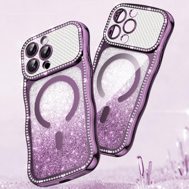 

For iPhone 16 Pro Max Wavy Frame Star Diamond Electroplate TPU Glitter Magnetic Phone Case(Gradient Purple)