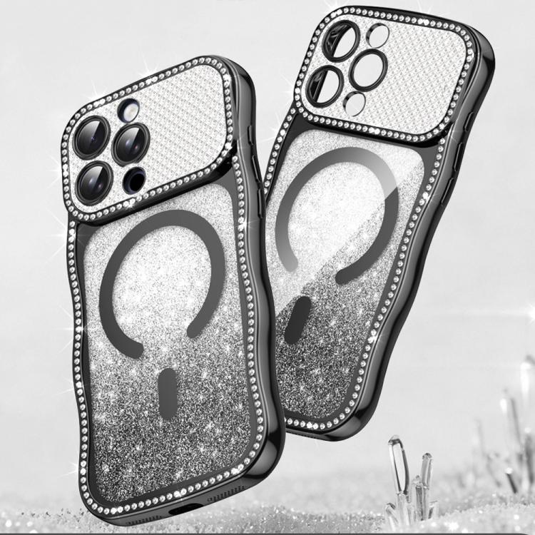 

For iPhone 16 Pro Max Wavy Frame Star Diamond Electroplate TPU Glitter Magnetic Phone Case(Gradient Black)