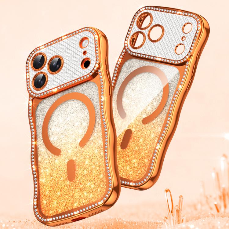 

For iPhone 16 Pro Wavy Frame Star Diamond Electroplate TPU Glitter Magnetic Phone Case(Gradient Orange)