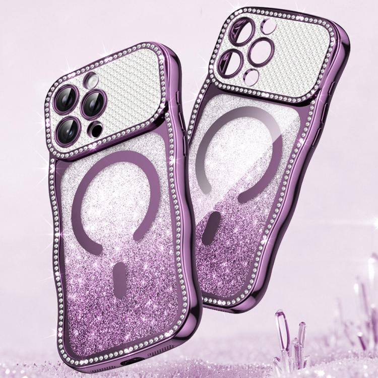 

For iPhone 16 Pro Wavy Frame Star Diamond Electroplate TPU Glitter Magnetic Phone Case(Gradient Purple)