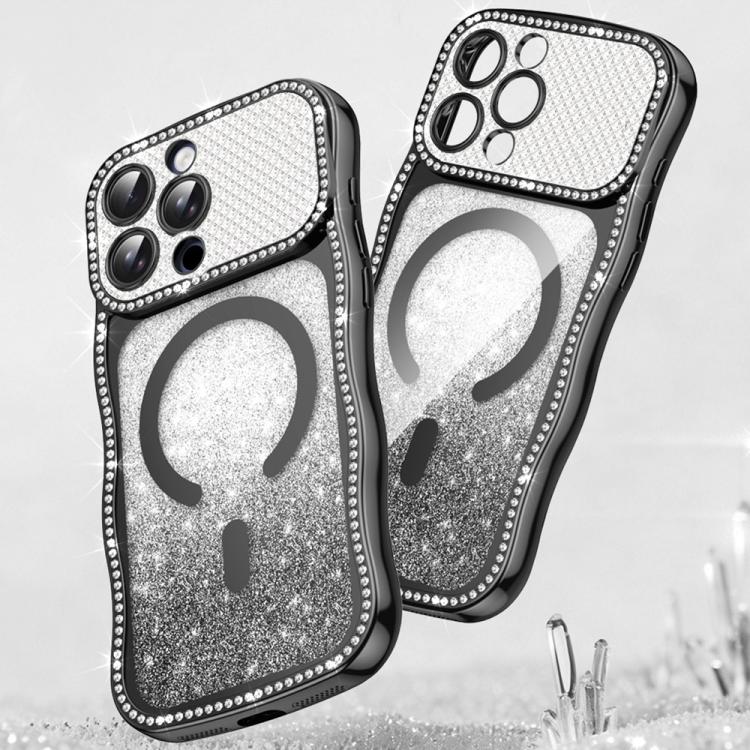 

For iPhone 16 Pro Wavy Frame Star Diamond Electroplate TPU Glitter Magnetic Phone Case(Gradient Black)