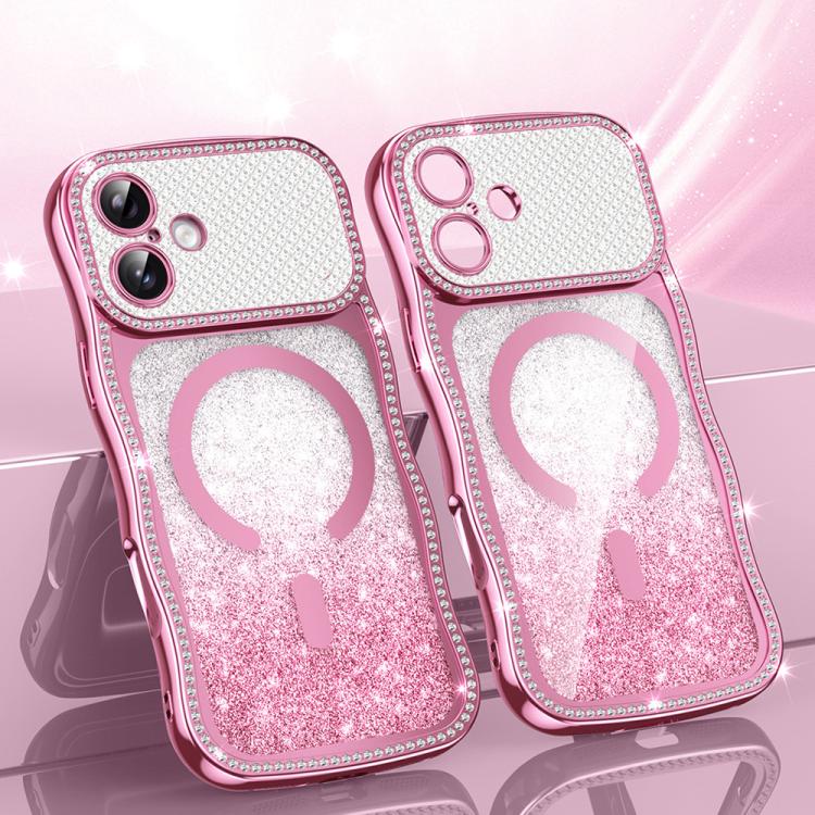 

For iPhone 16 Wavy Frame Star Diamond Electroplate TPU Glitter Magnetic Phone Case(Gradient Pink)
