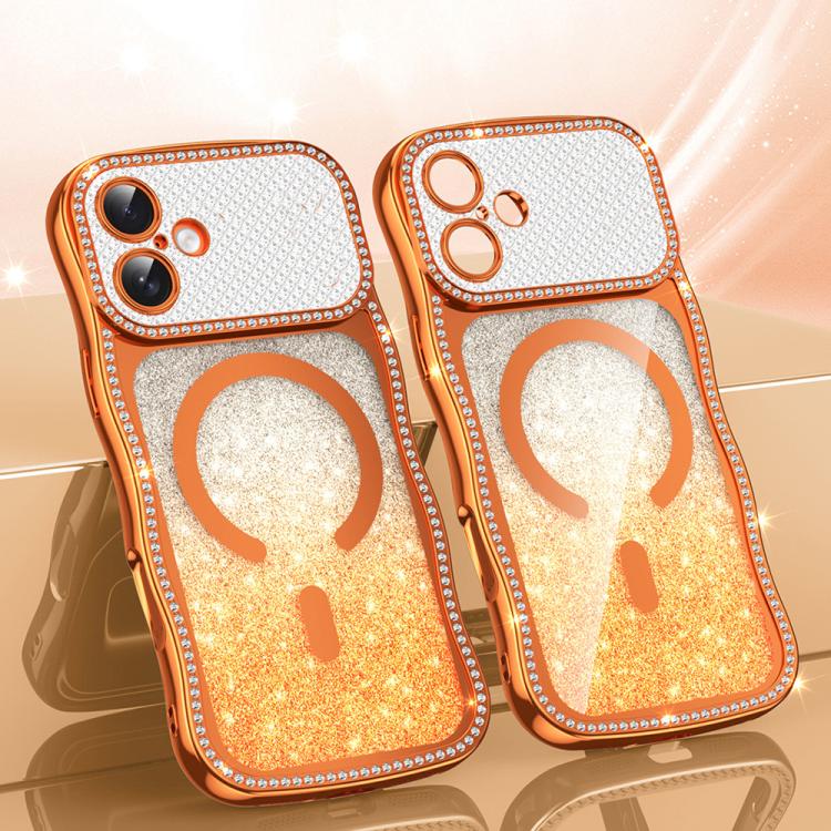 

For iPhone 16 Wavy Frame Star Diamond Electroplate TPU Glitter Magnetic Phone Case(Gradient Orange)