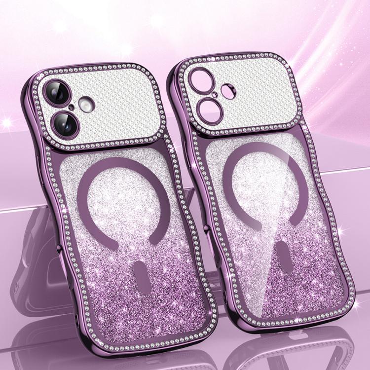 

For iPhone 16 Wavy Frame Star Diamond Electroplate TPU Glitter Magnetic Phone Case(Gradient Purple)