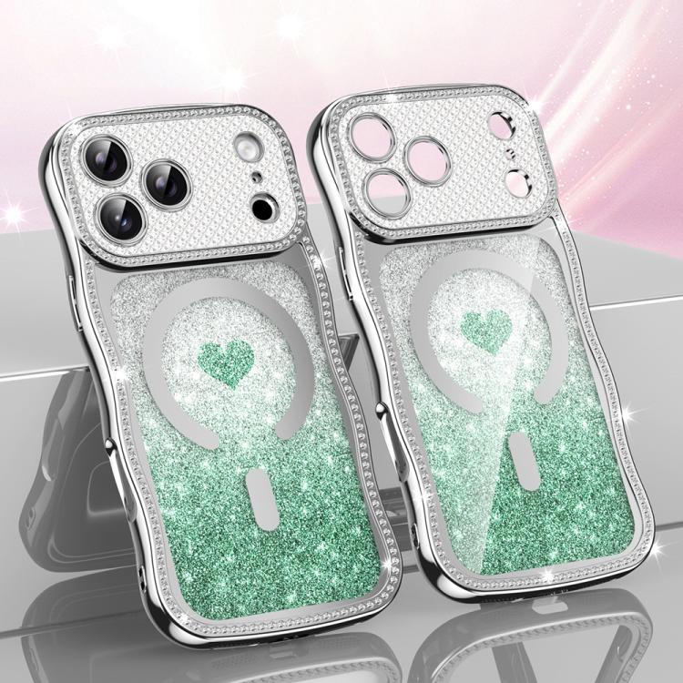For iPhone 17 Pro Wavy Frame Star Diamond Electroplate TPU Glitter Heart Magnetic Phone Case(Gradient Green) — купить у Sunsky-online WW