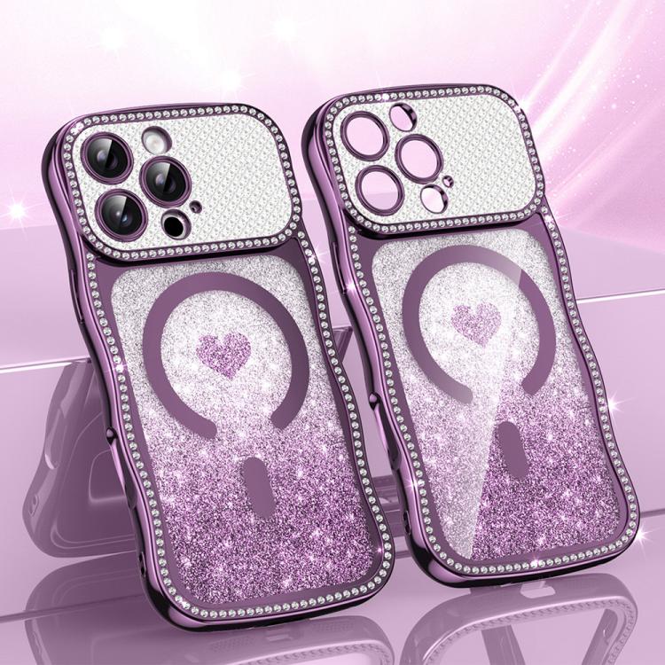 

For iPhone 16 Pro Max Wavy Frame Star Diamond Electroplate TPU Glitter Heart Magnetic Phone Case(Gradient Purple)