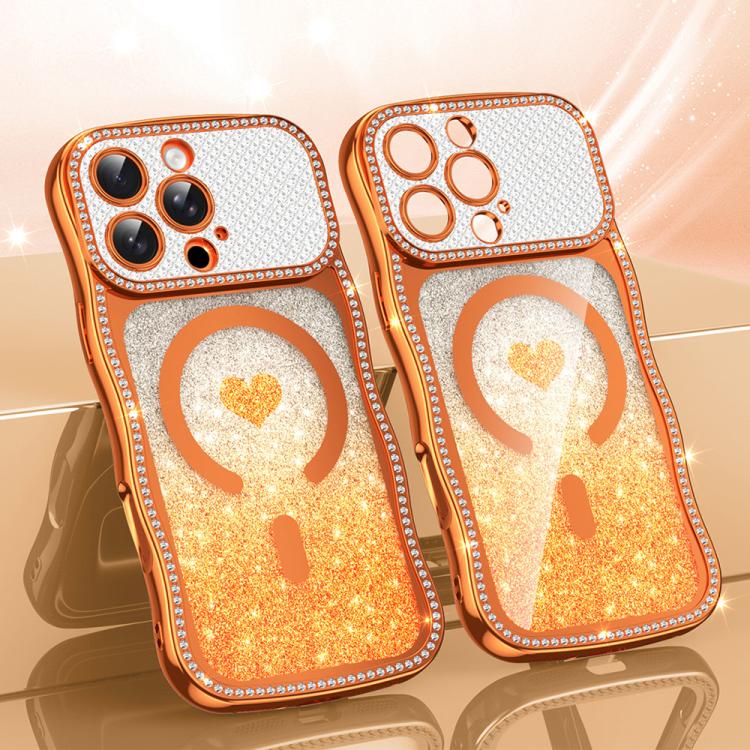 

For iPhone 16 Pro Wavy Frame Star Diamond Electroplate TPU Glitter Heart Magnetic Phone Case(Gradient Orange)