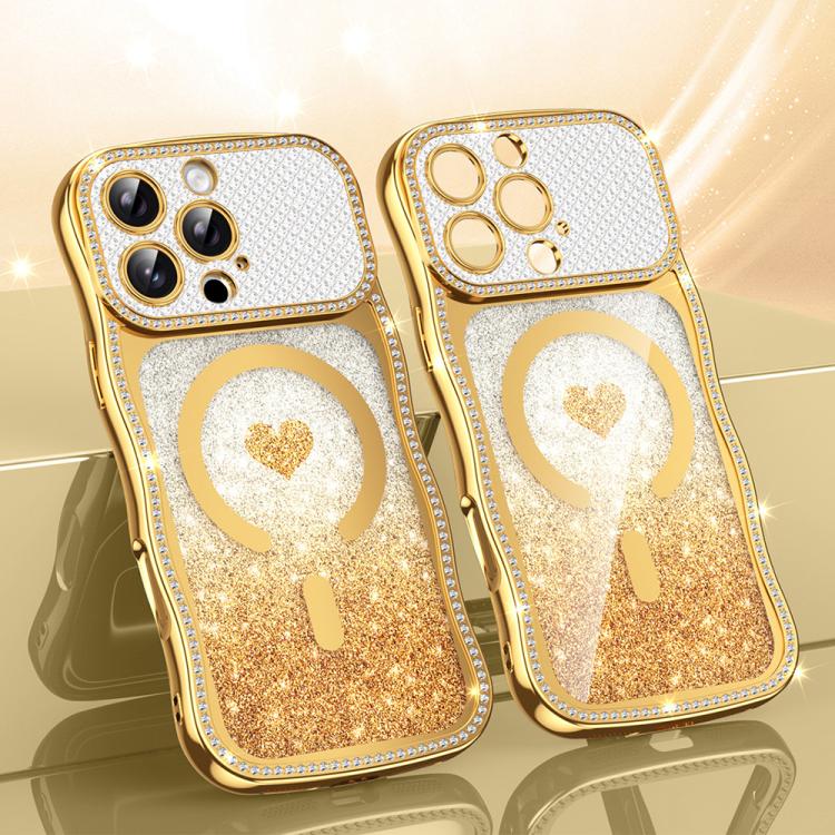 

For iPhone 16 Pro Wavy Frame Star Diamond Electroplate TPU Glitter Heart Magnetic Phone Case(Gradient Gold)