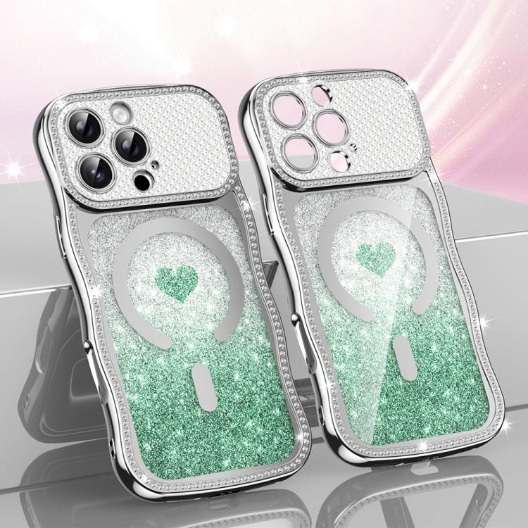 

For iPhone 16 Pro Wavy Frame Star Diamond Electroplate TPU Glitter Heart Magnetic Phone Case(Gradient Green)