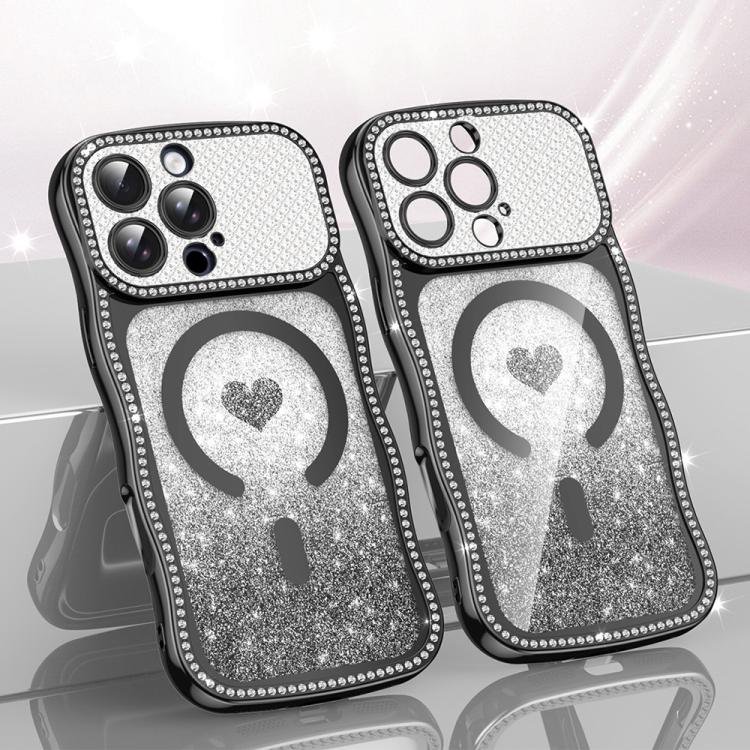 

For iPhone 16 Pro Wavy Frame Star Diamond Electroplate TPU Glitter Heart Magnetic Phone Case(Gradient Black)