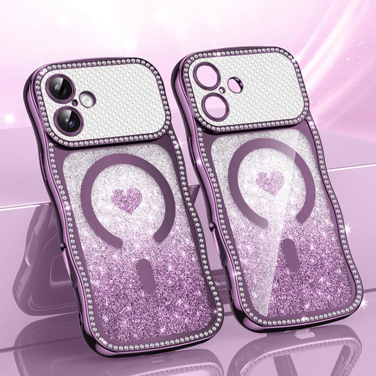 For iPhone 16 Wavy Frame Star Diamond Electroplate TPU Glitter Heart Magnetic Phone Case(Gradient Purple) — купить у Sunsky-online WW