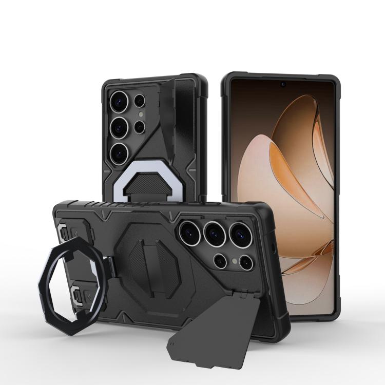 

For Samsung Galaxy S25 Ultra 5G Camera Shield Armor MagSafe Holder Phone Case with Strap(Black)