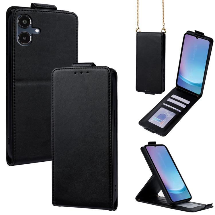 

For Samsung Galaxy A25e Vertical Flip Cover Solid Color Vegan Leather Phone Case with Crossbody Chain(Black)