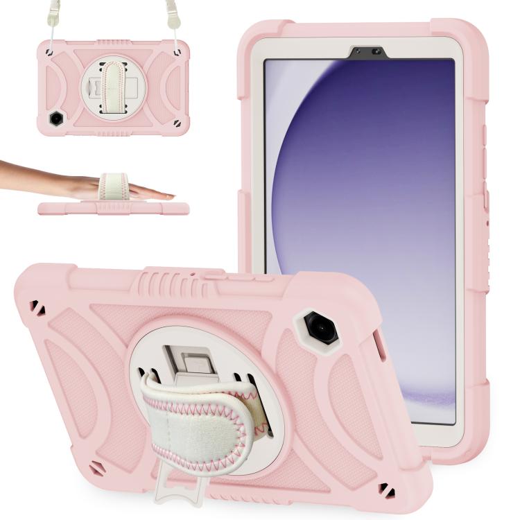

For Samsung Galaxy Tab A11 / A9 King PC Hybrid Silicone Tablet Case with Holder & Hand Strap & Shoulder Strap(Rose Pink)