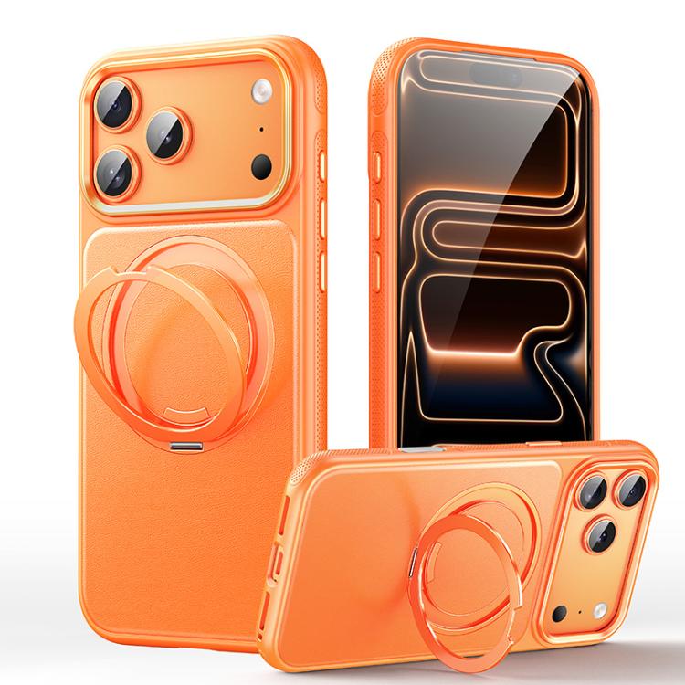 

For iPhone 17 Pro Max Leather Texture 360 Degrees Rotating Magnetic Holder Phone Case(Orange)