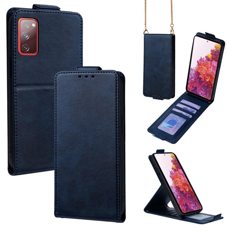 

For Samsung Galaxy S20 FE 5G Vertical Flip Cover Solid Color Vegan Leather Phone Case with Crossbody Chain(Blue)