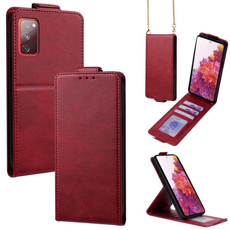 For Samsung Galaxy S20 FE 5G Vertical Flip Cover Solid Color Vegan Leather Phone Case with Crossbody Chain(Red)